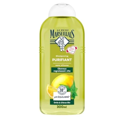 Image de Le Petit Marseillais Shampooing Purifiant Ortie &amp; Citron Bio (300 ml) Shampoing sans silicone pour cheveux regraissant vite 98% d&#039;origine naturelle et pH équilibré