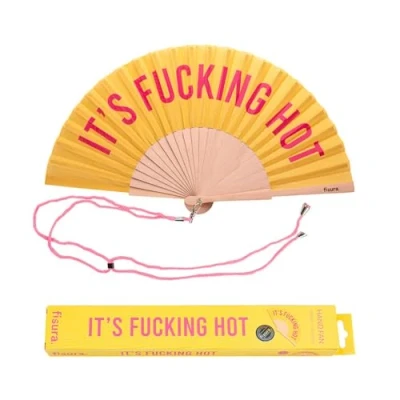 Image de Fissure Éventail original avec un message amusant en anglais ou italien. bois moderne et amusant. Dimensions : 42,5 x 23 cm. Matériau textile. (Hot, jaune)