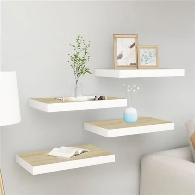 Afbeelding van Wandschappen zwevend 4 st 40x23x3,8 cm MDF eikenkleurig en wit
