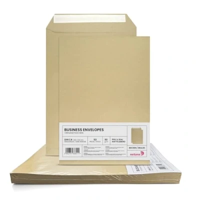 Afbeelding van 50 enveloppen DIN C4 bruin 229 x 324 mm rechte klep zelfklevend zonder venster 90 g groot formaat voor bedrijven brieven facturen