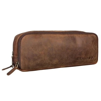Afbeelding van STILORD &#039;Flo&#039; Schooletui, groot, leer, elegant, pennenetui, 3 vakken, vintage potloodetui, etui, kleur: Zamora Bruin, M, Toilettas