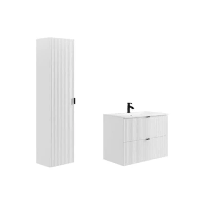 Afbeelding van Vente unique Gestreept hangmeubel voor badkamer met inbouwwastafel en kolom Mat wit 80 cm ZEVINI L x H 60 D 47