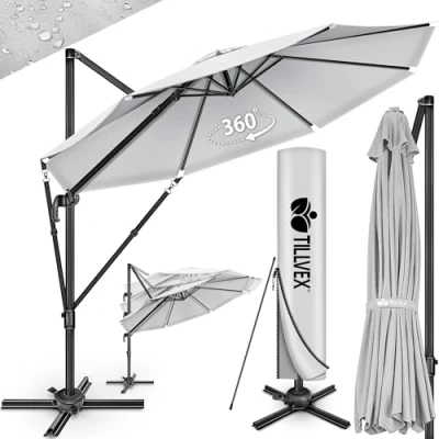 Afbeelding van tillvex® Zonnescherm UV50+, aluminium, 330 cm, met afdekking en windbescherming, zwengel, 7 voudig verstelbaar, 360 graden draaibaar, kantelbaar, groot, waterdicht, tuinparasol, grijs.