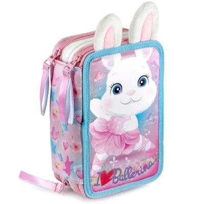Afbeelding van Julian Ross drievoudig gevoerd etui, 44 schoolaccessoires, 20 cm, Ballerina konijn, Kits