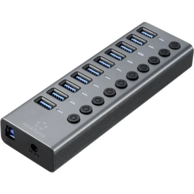 Afbeelding van Renkforce RF 6027504 USB 3.2 Gen 2 hub 10 poorten Individueel schakelbaar, Met aluminium behuizing Zilver zwart