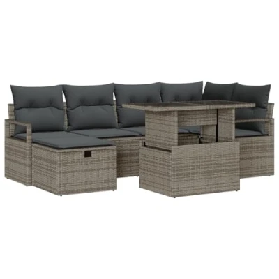 Afbeelding van vidaXL 7 Delige Tuin Sofa Set met Kussens Grijs Poly Rattan