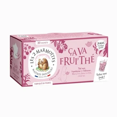 Afbeelding van Les 2 Marmottes Frui&#039;Tea zwarte thee biologische framboos en hibiscus energiek stimulerend voor de ochtend 30 zakjes per doos gemaakt in Frankrijk 60 g