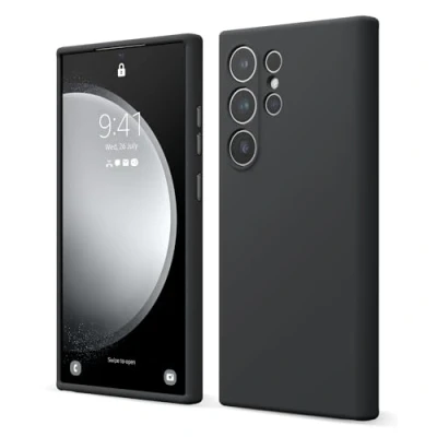 Afbeelding van Elago Vloeibare siliconen hoes, compatibel met Samsung Galaxy S24 Ultra, volledige bescherming, 4 lagen schokbestendige structuur, binnenkant van zachte krasbestendige microvezel, zwart