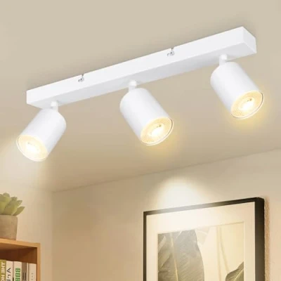Image de Dehobo Spots de Plafond Orientable, Plafonnier 3 Spot Blanc Mat avec Douille GU10, Rampe et Rails Moderne pour Cuisine Chambre Salon Couloir Salle à Manger, Sans Ampoules