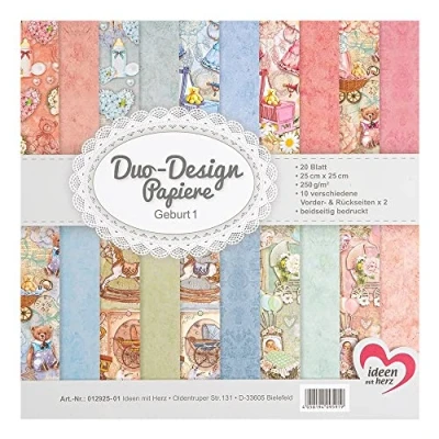 Afbeelding van Ideen mit Herz 20 vellen Duo Design papier, 25 x cm, 250 g/m², aan beide zijden bedrukt, designpapier, ideaal voor scrapbooking, knutselen, handwerk (geboorte)