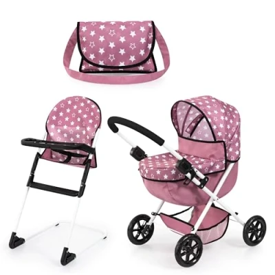 Afbeelding van Cosy Poppenwagen set, opvouwbaar, zachte handgreep, met kinderstoel, tas, roze