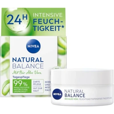 Image de NIVEA Natural Balance Soin de jour hydratant (50 ml) Crème hydratante à l&#039;aloe vera bio Huile jojoba et d&#039;amande pour peaux normales mixtes