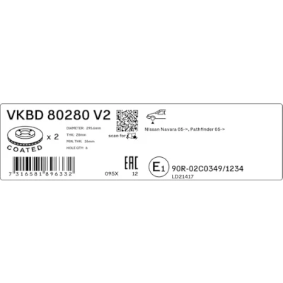 Afbeelding van SKF VKBD 80280 V2 Remschijf 296 28 6 114,3 interne ventilatie Gecoat NISSAN: NP300 Navara Pickup, Pathfinder 3, Platform / Chassis