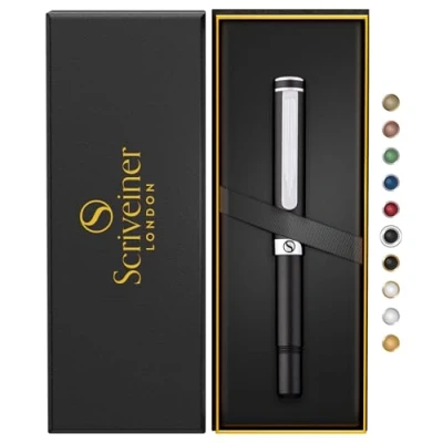 Afbeelding van Scriveiner Zwarte rollerball EDC Luxe pen, zware zakpen met chromen afwerking, aangename schrijfpen, cadeau voor mannen en vrouwen, Schmidt navulverpakking, kantoorpennenset