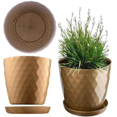 Afbeelding van KADAX Flowerpot, een pan voor bloemen en planten met onderzetters, plantenbakken licht resistent materiaal decoratieve pot (14 cm, goud)