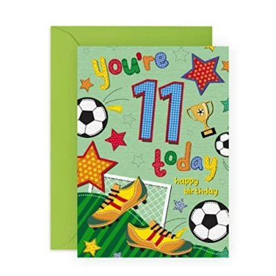 Afbeelding van Central 32 verjaardagskaart voor jongens elf jaar voetbal 11 wenskaart kinderen zoon neef levering met stickers
