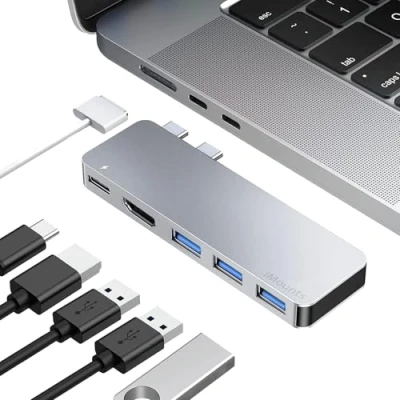 Afbeelding van iMounts USB C hub MacBook Air/Pro HDMI USB3.0 Thunderbolt 3 M1/M2/M3 Zilver