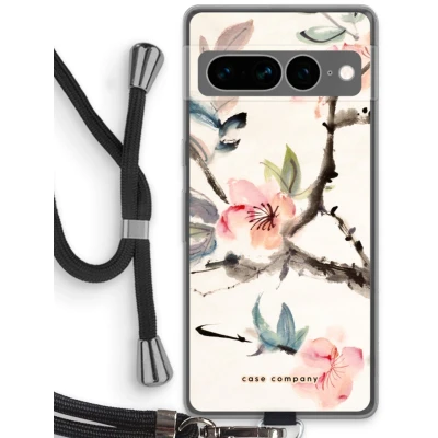 Afbeelding van Case Company® hoesje met Koord geschikt voor Google Pixel 7 Pro Japanse bloemen Telefoonhoesje Zwart Bescherming aan alle Kanten en Over de Schermrand