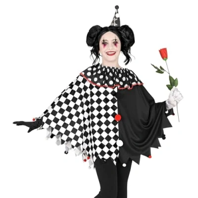 Afbeelding van Widmann Harlequin Kostuum Harlekijn Zwart Wit Poncho Kind / One Size Halloween Verkleedkleding