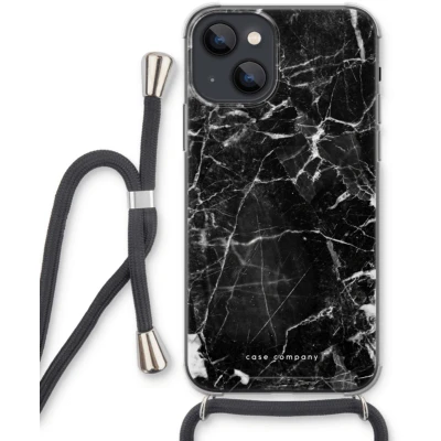 Afbeelding van Case Company® hoesje met Koord geschikt voor iPhone 13 mini Zwart Marmer Telefoonhoesje Extra Bescherming aan alle Kanten en Over de Schermrand
