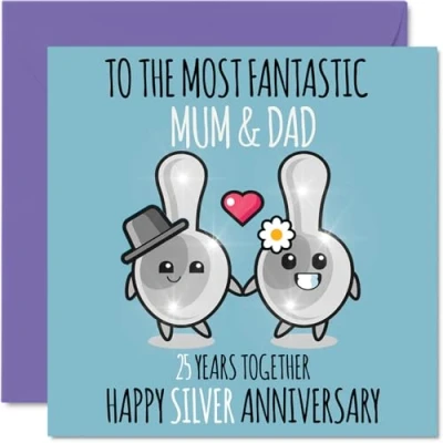 Afbeelding van Schattige zilveren verjaardagskaart voor mama en papa 25 jaar samen wenskaarten 25e huwelijksverjaardag papa, mama, 145 mm x