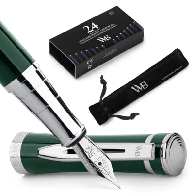 Afbeelding van Wordsworth &amp; Black Vulpenset, medium punt, bevat 24 inktpatronen, inktnavulconverter en geschenkzakje, chromen afwerking, kalligrafie, [Racing Green]