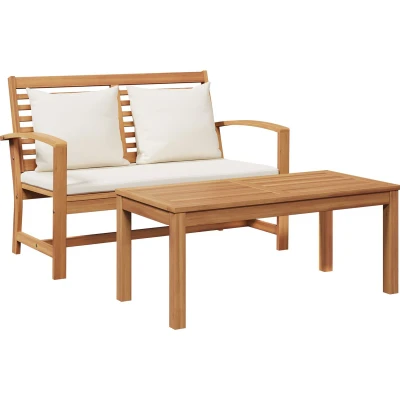 Afbeelding van vidaXL Ensemble banc et table d&#039;extérieur en bois teck naturel crème, 1 x 110 64 77 cm, avec coussin de 95 45 40 style rustique, durable, assemblage requis