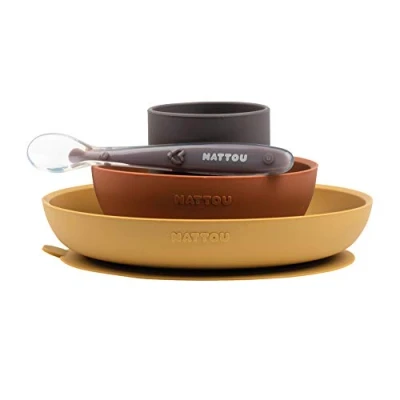 Image de Nattou Set Repas en Silicone Pour Enfants, 4 pcs., Assiette + Bol Antidérapant, Sans BPA, Silicone, Orange/Rouge