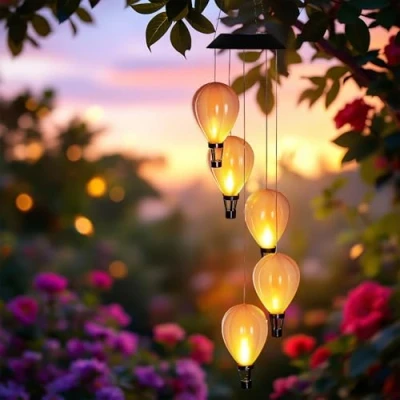 Afbeelding van Led windgong op zonne energie met 5 verlichte heteluchtballonnen, 82 cm, tuinlichtspel vlameffect in warm wit, decoratieve buitenverlichting, lantaarn energie, lamp