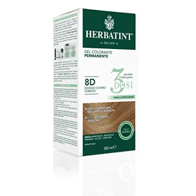 Afbeelding van Herbatint 3Dosi Permanente Kleurgel, 300 ml 8D lichtblond goud, zonder ammoniak, voor de gevoelige huid, 100% dekking wit haar met 8 natuurlijke biologische extracten