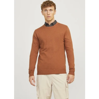 Afbeelding van JACK &amp; JONES Emil knit crew neck slim fit heren pullover viscosemengsel met O hals cognac bruin Maat: XL