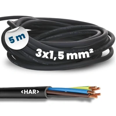 Afbeelding van 5 meter Kalitec H07RN F 3 x 1,5 mm² rubberen kabel met beschermgeleider voor buiten, zwarte elektrische kabel, flexibele bouwplaatskabel, uv en oliebestendig