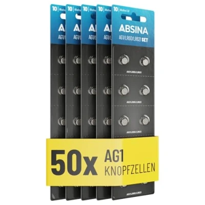 Afbeelding van ABSINA AG1 LR621 50 stuks alkaline knoopcellen, 1,5 V, lekvrij en lange levensduur, LR60, SR60, 1175S0, 164, 602, 364, V30, SR621