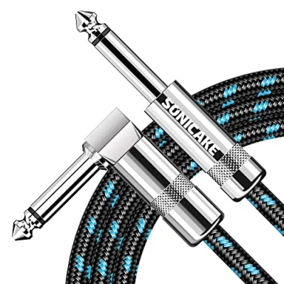 Afbeelding van SONICAKE Gevlochten gitaarkabel, 3 m, 6,35 mm, rechte hoek naar rechts, zwart/blauw