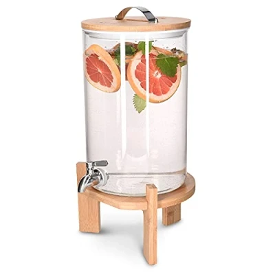 Afbeelding van Navaris glazen limonadetap met kraantje Drankdispenser houten standaard Sapdispenser Voor koude en warme dranken 7L feestjes
