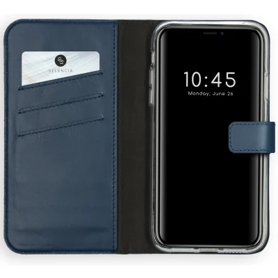 Afbeelding van Selencia Hoesje Geschikt voor iPhone 11 Met Pasjeshouder Echt Lederen Bookcase Blauw