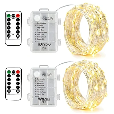 Afbeelding van BXROIU 2 x 50 leds zilverdraad micro lichtketting batterij 8 programma (warm wit)