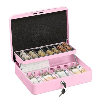 Afbeelding van Relaxdays Afsluitbare geldkist, muntbord en 4 vakken voor bankbiljetten, ijzeren kist, h x b d: 8,5 30,5 24,5 cm, roze
