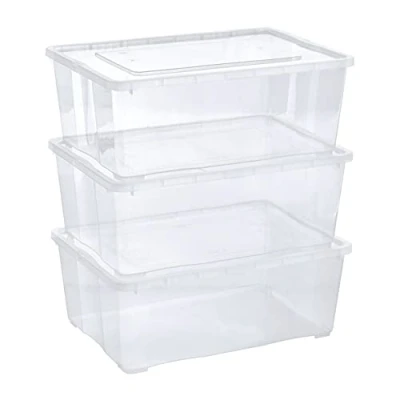 Afbeelding van Grizzly Opbergdozen met deksel, stapelbaar, kunststof, transparant, voor kleding, schoenen, speelgoed, knutselwerk, 3 x 10 l
