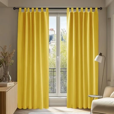 Afbeelding van Deconovo Set van 2 keukengordijnen, ondoorzichtig, warmte isolerende gordijnen, koudewerend, isolerend, met lussen, 140 x 245 cm, mosterdgeel