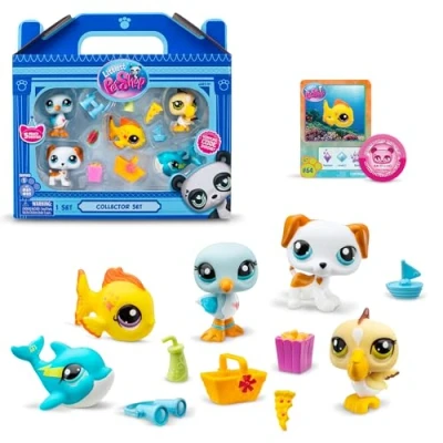 Afbeelding van BANDAI Littlest Pet Shop Collectors LPS huisdierspeelgoed, 5 stuks, 7 accessoires, 1 verzamelkaart en virtuele code, verzamelspeelgoed voor meisjes jongens