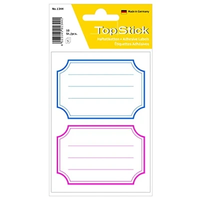 Image de TopStick 1344 Étiquettes de livre ligné (78 x 53 mm, 5 feuilles, papier, mat) auto adhésives, autocollants scolaires neutres pour enfants, filles et garçons, 10 étiquettes d&#039;école, rouge bleu blanc