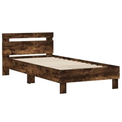 Afbeelding van Bedframe met hoofdeinde bewerkt hout gerookt eiken 90x200 cm