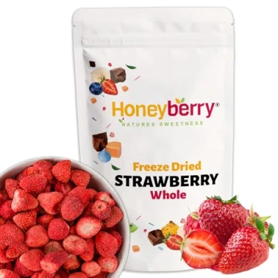 Afbeelding van 100 g gelyophiliseerde hele aardbeien, zonder toevoeging van suiker, 100% natuurlijk, glutenvrij, veganistisch, om te bakken, smoothies, taartdecoratie, cocktails, fruit voor dranken of snacks