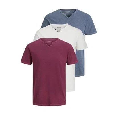 Afbeelding van JACK &amp; JONES JJESPLIT T shirt basique pour homme, col en V, manches courtes, jersey de coton, avec boutons, Lot 3 (Pack A : Port Royale, Flint Stone, Cloud Dancer), L