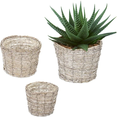 Afbeelding van Relaxdays bloempot set van 3 rotan plantenbak met folie sierpot rond wit