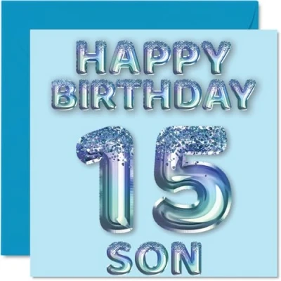 Afbeelding van Verjaardagskaart voor zoon 15 jaar, blauwe glitterballonnen, verjaardagskaarten jarige van mama en papa, 145 mm x