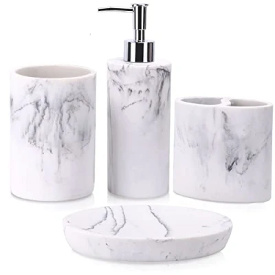 Afbeelding van ZCCZ badkamer accessoire set 4 stuks, decor accessoires met zeepdispenser, tandenborstel houder, tuimelaar, zeepbak, marmeren look ijdelheid aanrecht wit