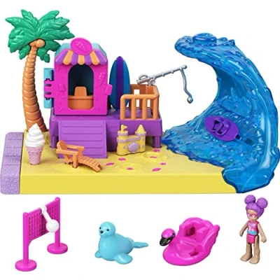 Afbeelding van Polly Pocket Pollyville Stranddagset, minifiguur, minizeehond en accessoires inbegrepen, kinderspeelgoed, editie 2021, GTM68