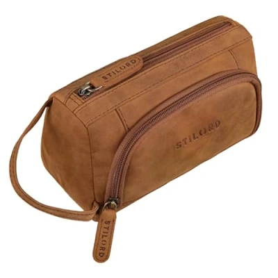 Afbeelding van STILORD Tony Vintage lederen etui grote maat met ritssluiting Astuccio Pelle pennenetui 2 vakken echt leer capaciteit, Tan Bruin Scuro, Cosmetische tas